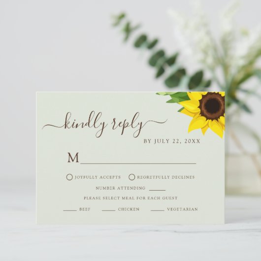 Ansprechkarte für die grün-rustikale Sonnenblume U RSVP Karte (Stehend Vorderseite)