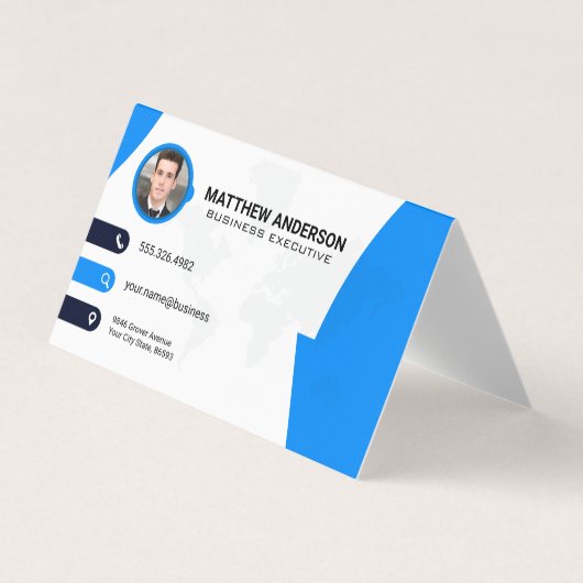 Ansprechpartner | Weltkarte | QR-Code | Blau Visitenkarten (Vorderseite)