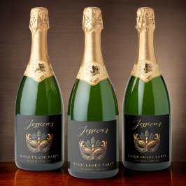 Anspruchsvolle Black & Gold Masquerade Celebration Schaumweinetikett