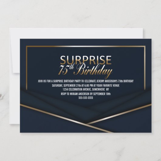 Anspruchsvolle Blue Gold 75. Überraschung Geburtst Einladung (Vorderseite)