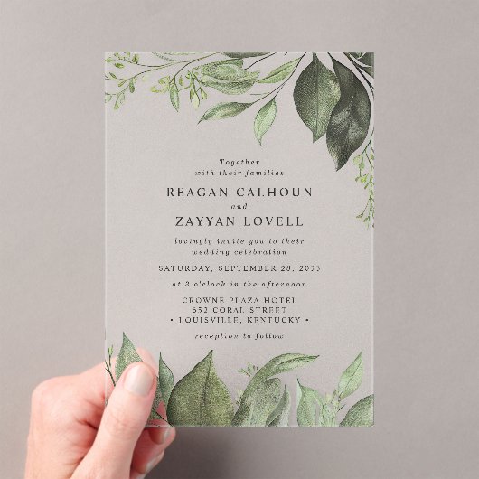 Anspruchsvolle Eukalyptus-Blätter Moderne Hochzeit Acryleinladungen (Insitu (Handheld))