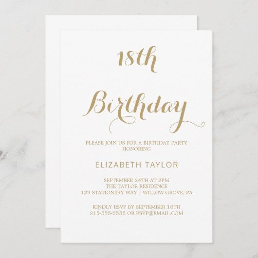 Anspruchsvolle Goldkalligraphie zum 18. Geburtstag Einladung (Vorne/Hinten)