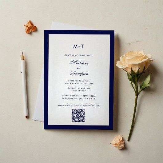 Anspruchsvolle Hochzeit des modernen Navy Blue QR Einladung
