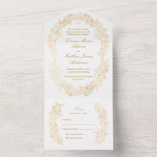 Anspruchsvolle Imitate Foil Script Gold Barockhoch All In One Einladung (Innen Boden)