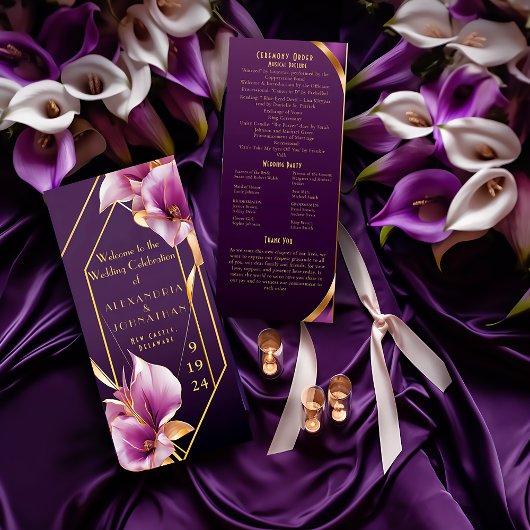 Anspruchsvolle Lila und goldene Calla Lily Wedding Programm