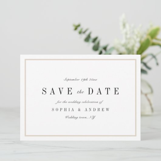 Anspruchsvolle, minimalistische Hochzeit spart das Save The Date (Stehend Vorderseite)