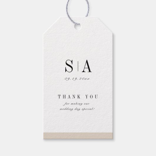 Anspruchsvolle, minimalistische Mongramm-Hochzeit Geschenkanhänger (Vorderseite)