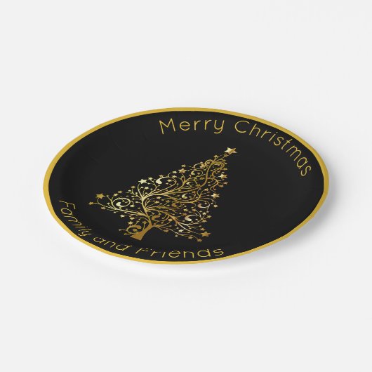 Anspruchsvoller Schwarzer und Gold Weihnachtsbaum Pappteller (Schrägansicht)