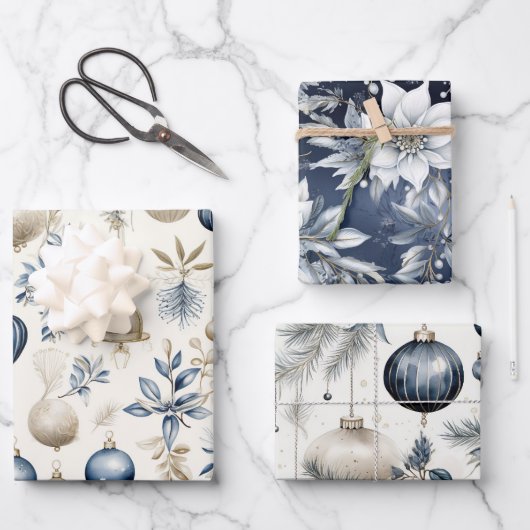 Anspruchsvolles Blue & Gold Weihnachtsmuster Geschenkpapier Set (Vorderseite)
