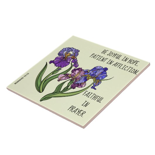 Anstrichene Blume (Iris) mit Vers der Römer 12:12 Fliese (Seite)