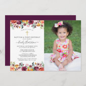 Anstrichene Blume Taufe 1. Geburtstag Foto Einladung (Vorne/Hinten)
