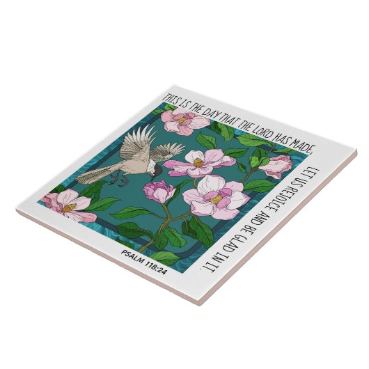 Anstrichene Blume und Vögel mit Vers Psalm 118:24 Fliese (Seite)