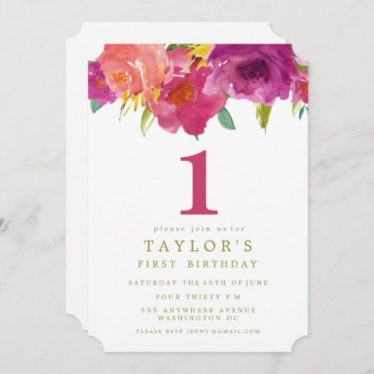 Anstrichene Blumenmädchen Einladung 1. Geburtstag (Vorne/Hinten)