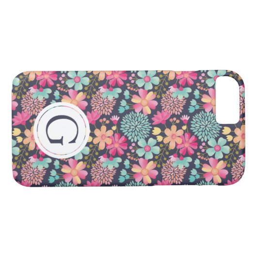 Anstrichene Floral Navy Monogram Iphone Case (Rückseite (Horizontal))