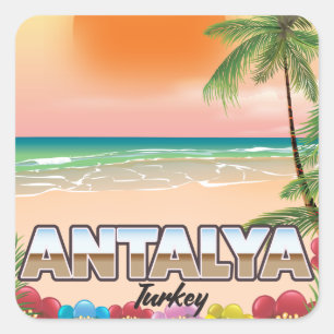 Antalya Türkei Strand Reiseplakat Quadratischer Aufkleber