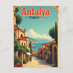 Antalya Turkey Vintage Travel Illustration Postcar Postkarte