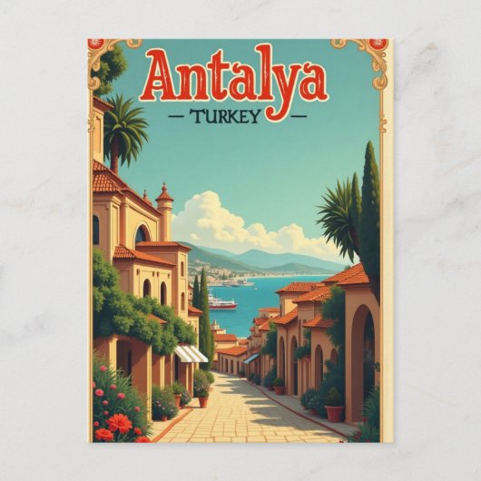 Antalya Turkey Vintage Travel Illustration Postcar Postkarte (Vorderseite)