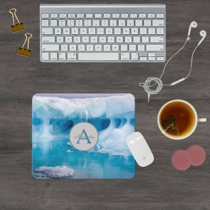Antarktis blaues Foto mit Monogramm und Name Mousepad