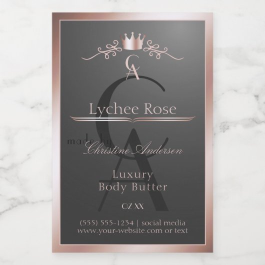 Anthracite Product Label Rose Gold Frame Monogram Lebensmitteletikett (Einzelnes Label)