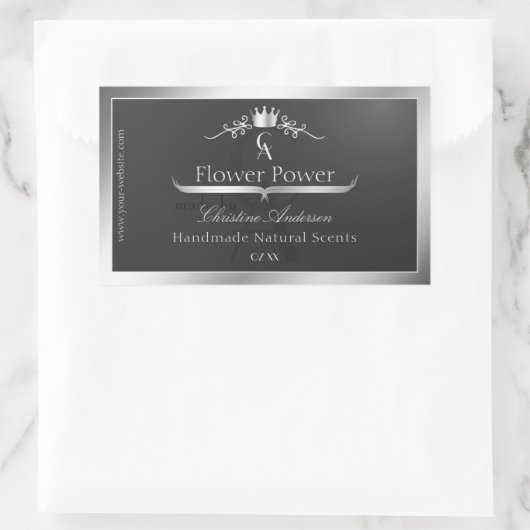 Anthracite Product Label Silver Frame and Monogram Rechteckiger Aufkleber (Tasche)