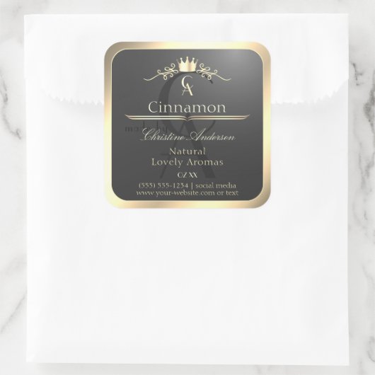 Anthracite with Gold Border Monogram Product Label Quadratischer Aufkleber (Tasche)