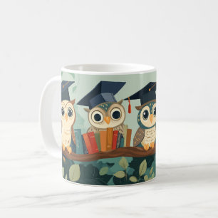 Anthropomorphe Eulen mit Abschlusskapseln sitzen o Kaffeetasse