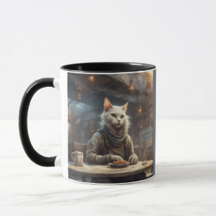 Anthropomorphe Katze in einem dystopischen Café Tasse