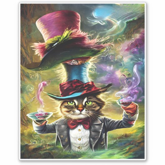 Anthropomorphe Katze Mad Hatter Fantasy Fairytale Aufkleber (Vorderseite)
