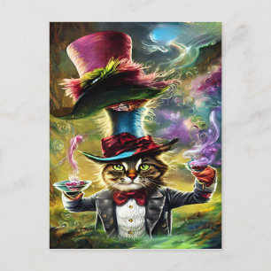 Anthropomorphe Katze Mad Hatter Fantasy Fairytale Postkarte