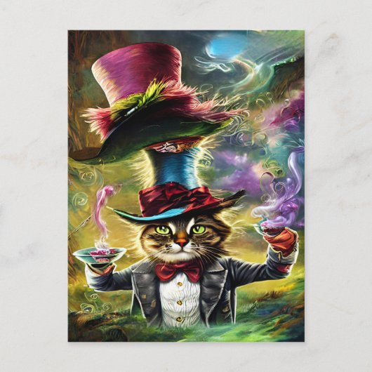 Anthropomorphe Katze Mad Hatter Fantasy Fairytale Postkarte (Vorderseite)