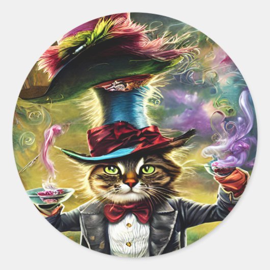 Anthropomorphe Katze Mad Hatter Fantasy Fairytale Runder Aufkleber (Vorderseite)