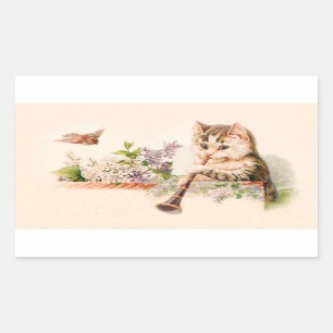 Anthropomorphe Katze spielt Horn - Vintage-Kunst Rechteckiger Aufkleber