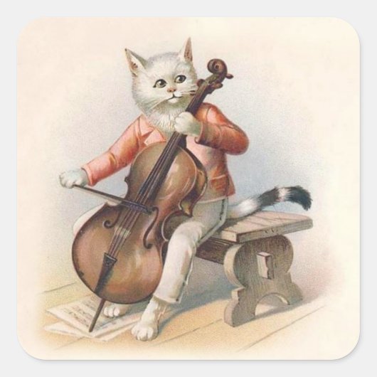 Anthropomorphe weiße Katze Cello spielen Quadratischer Aufkleber (Vorderseite)