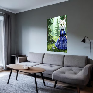 Anthropomorphe weiße Katze in blauem Kleid   Art d Poster