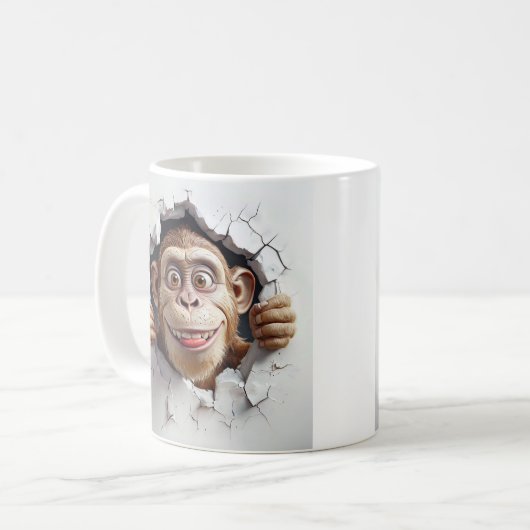 Anthropomorpher Affe bricht durch weiße Mauer Kaffeetasse (Vorderseite Links)
