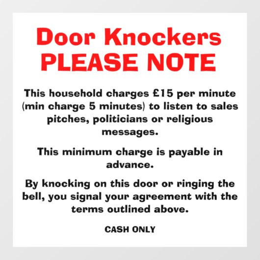 Anti-Door-Knockers-Zeichen Fensteraufkleber (Blatt)