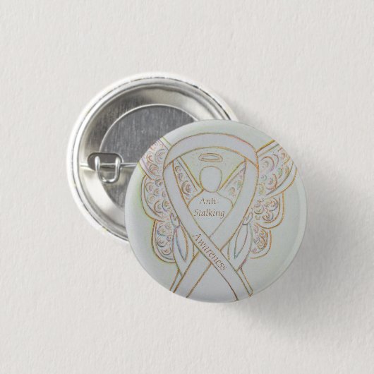 Anti-Stalking Awareness Angel White Ribbon Button (Vorne & Hinten)