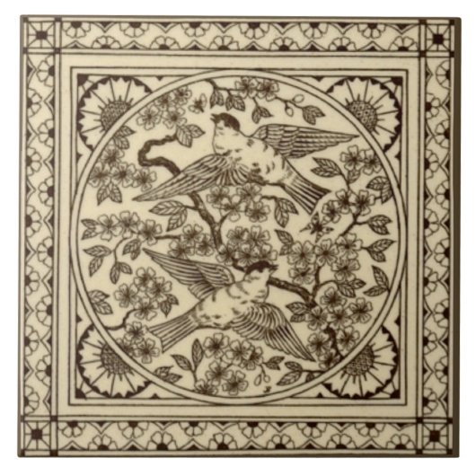 Antiästhetische Japanisch Sepia Bird Tile Repro Fliese (Vorderseite)