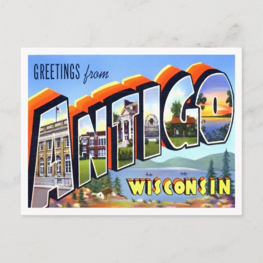 Antigo, Wisconsin Vintage Big Letters Postcard Postkarte (Vorderseite)