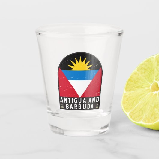Antigua- und Barbuda-Flaggenemblem gestört Vintag Schnapsglas (Vorderseite)