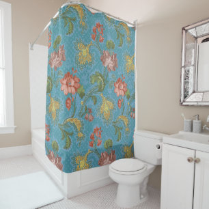 Antik Blau Damast Blumen Gold Brokat Design Duschvorhang