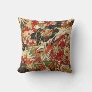 ANTIK BLÜTEN JAPAN ROT GRÜN SCHWARZ BLUMENMUSTER KISSEN