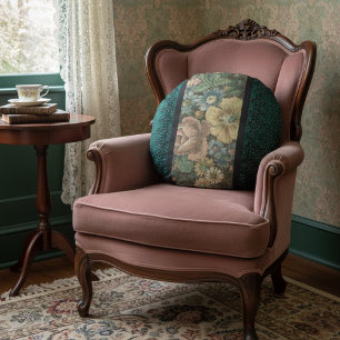 Antik inspirierte Floral-Burlap- und Dunkelteal Rundes Kissen