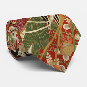 ANTIK JAPANISCHE BLUMEN Rot Grün Schwarz Floral Ne Krawatte