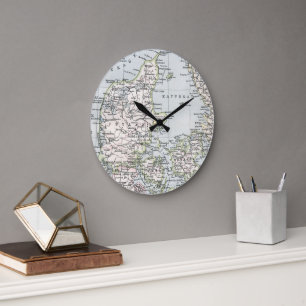 Antik Karte Dänemarks, Danmark in Dänisch, 1905 Große Wanduhr