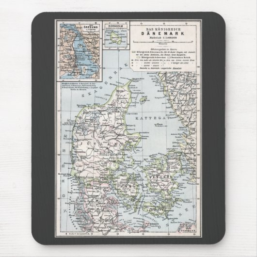 Antik Karte Dänemarks, Danmark in Dänisch, 1905 Mousepad (Vorne)