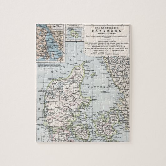 Antik Karte Dänemarks, Danmark in Dänisch, 1905 Puzzle (Vertikal)