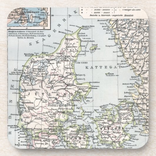 Antik Karte Dänemarks, Danmark in Dänisch, 1905 Untersetzer (Vorderseite)