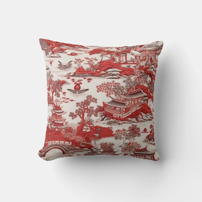 Antik Ming China Blau und rote Chinoiserie Kissen (Vorderseite)