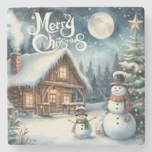 Antik/Rustikal/Schneemann/Weihnachten Steinuntersetzer (Vorderseite)